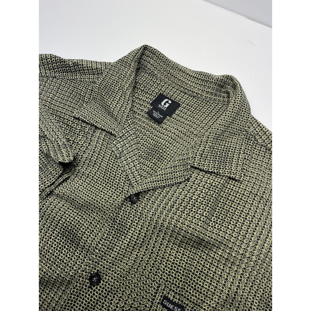 Guess Jeans Shirt Large Gold Rings Short Sleeve Button Up Rayon Open Collar